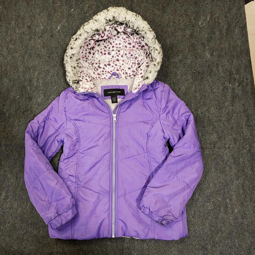 Weather Tamer Purple Puffer Jacket Leopard Print Hood Girls Size S 7/8